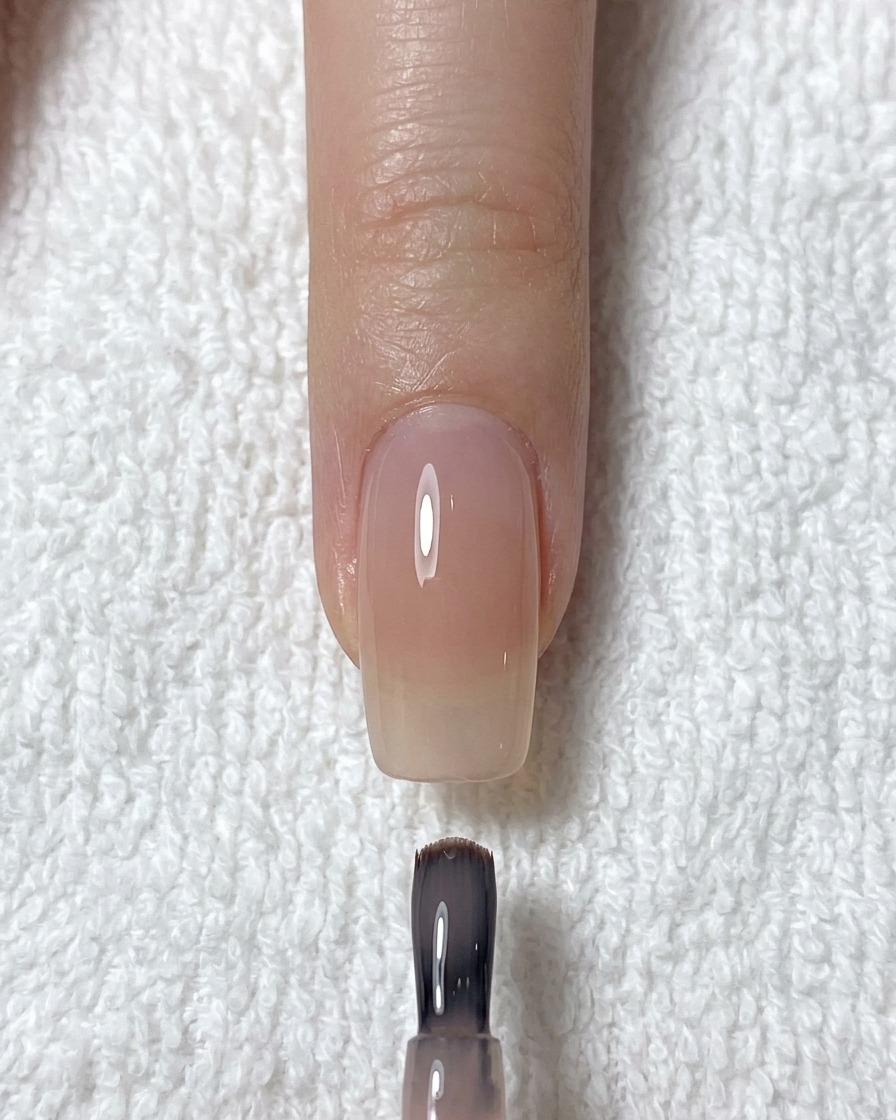 A professional nail brush applying a sheer nude base coat to a clean, prepared natural nail.