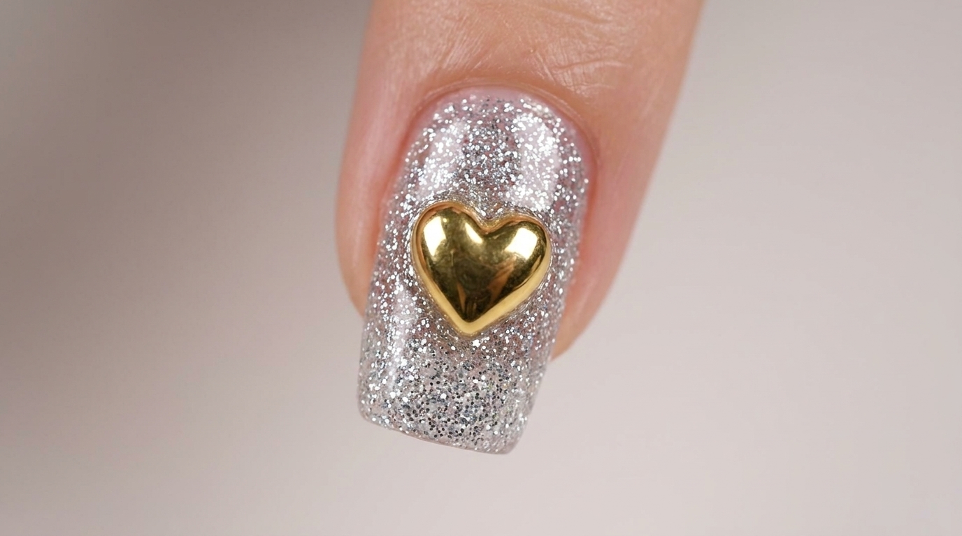A polished gold heart charm centered on a sparkling silver glitter gel nail with a high-gloss finish.