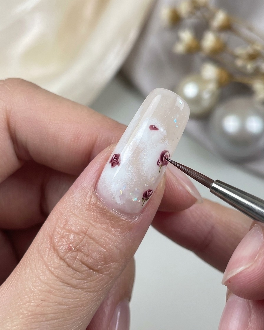 A detail brush adding slightly larger curved petals to the sides of a partially painted rose design.