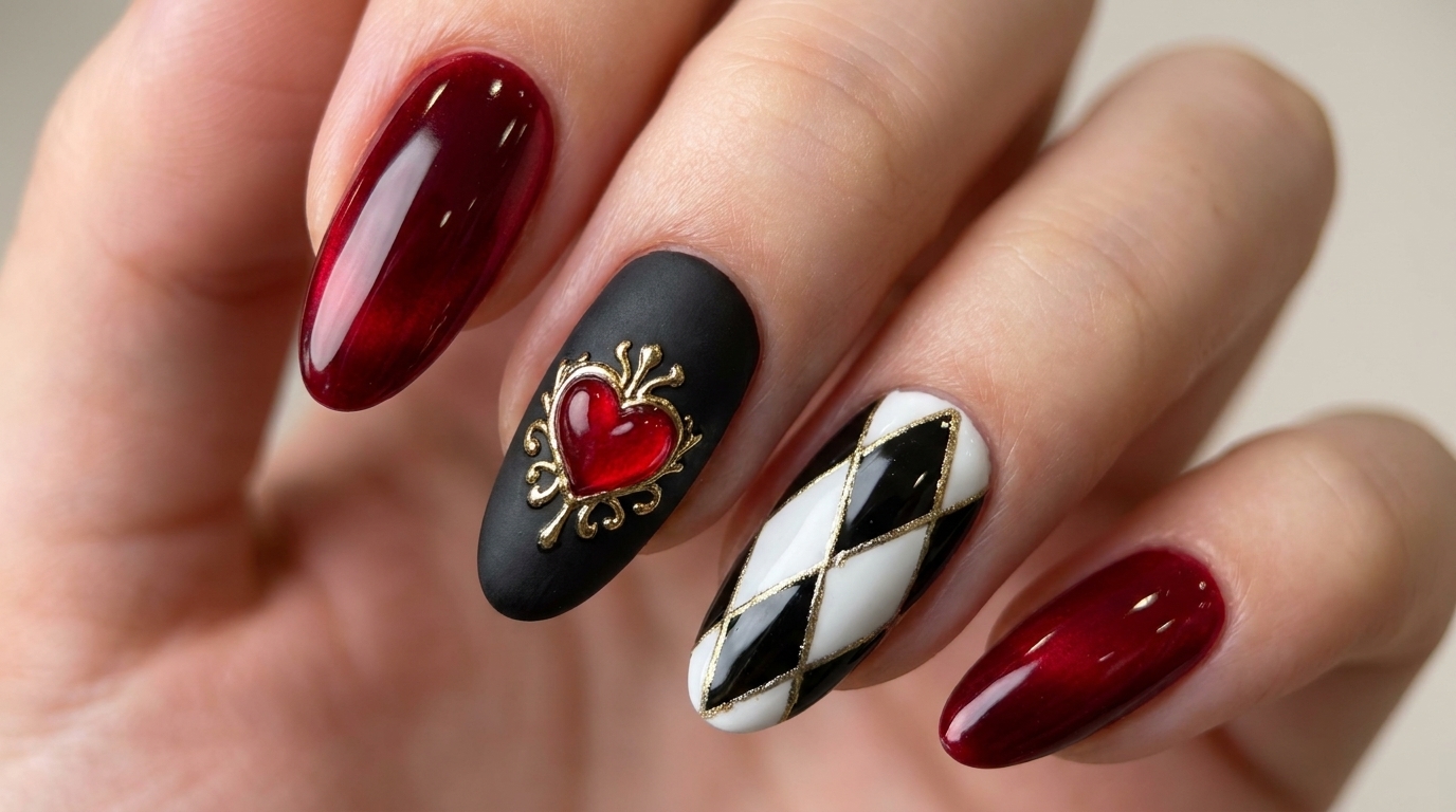 A sophisticated manicure featuring deep glossy red nails, a matte black nail with a gold-outlined red heart, and a crisp black and white argyle pattern.