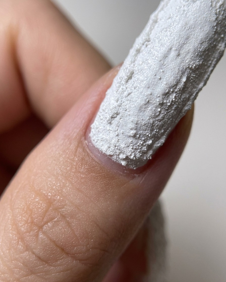 A brush applying a coat of matte top gel over the cured, textured white nail surface.