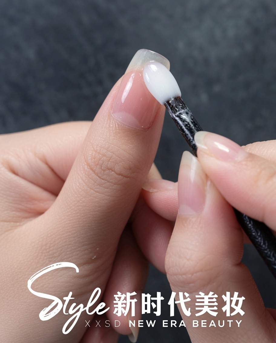 A sponge-tip applicator dabbing pearl chrome powder onto a textured nail.
