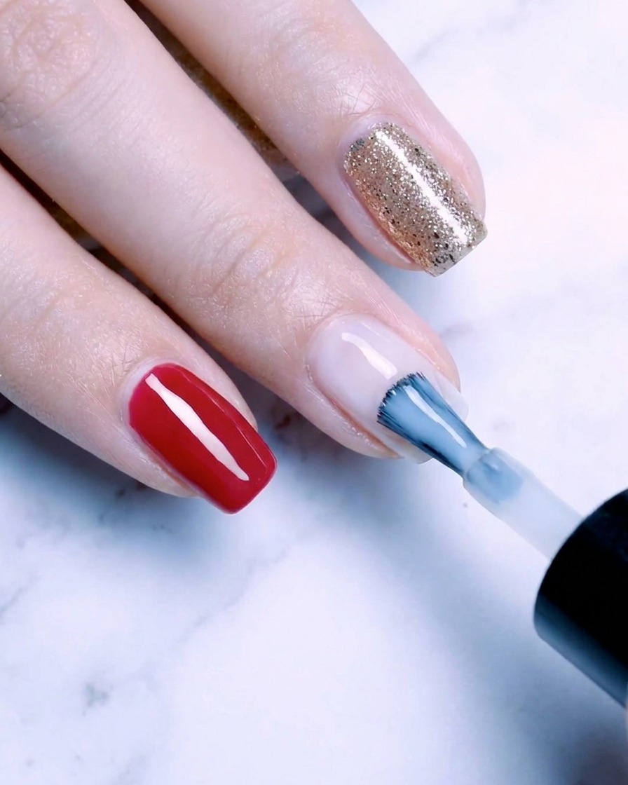 A nail brush applying a coat of sheer milky white base polish to a natural fingernail.