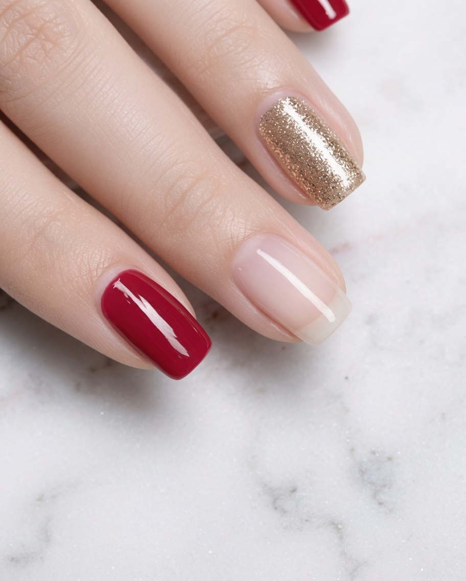 A brush applying a coat of vibrant, elegant rose gold polish to the index fingernail.