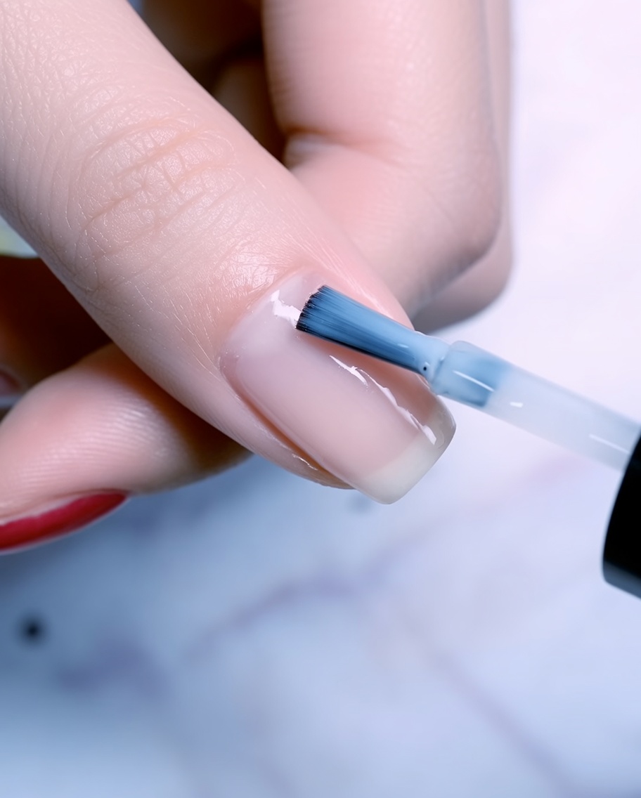 A nail brush finishing the application of a second layer of rose gold gel polish on the index finger.