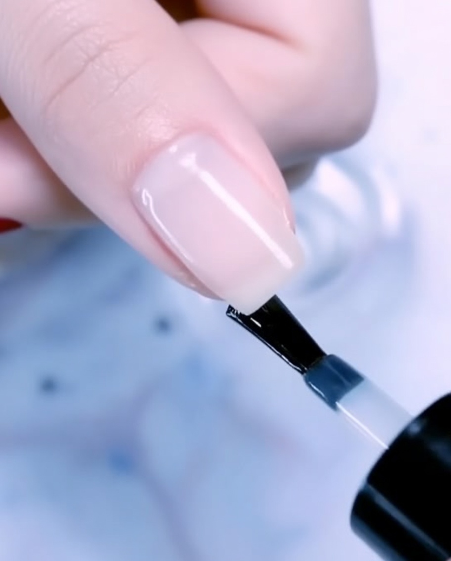 A brush placing a single drop of rose gold gel polish at the base of a thumb nail.