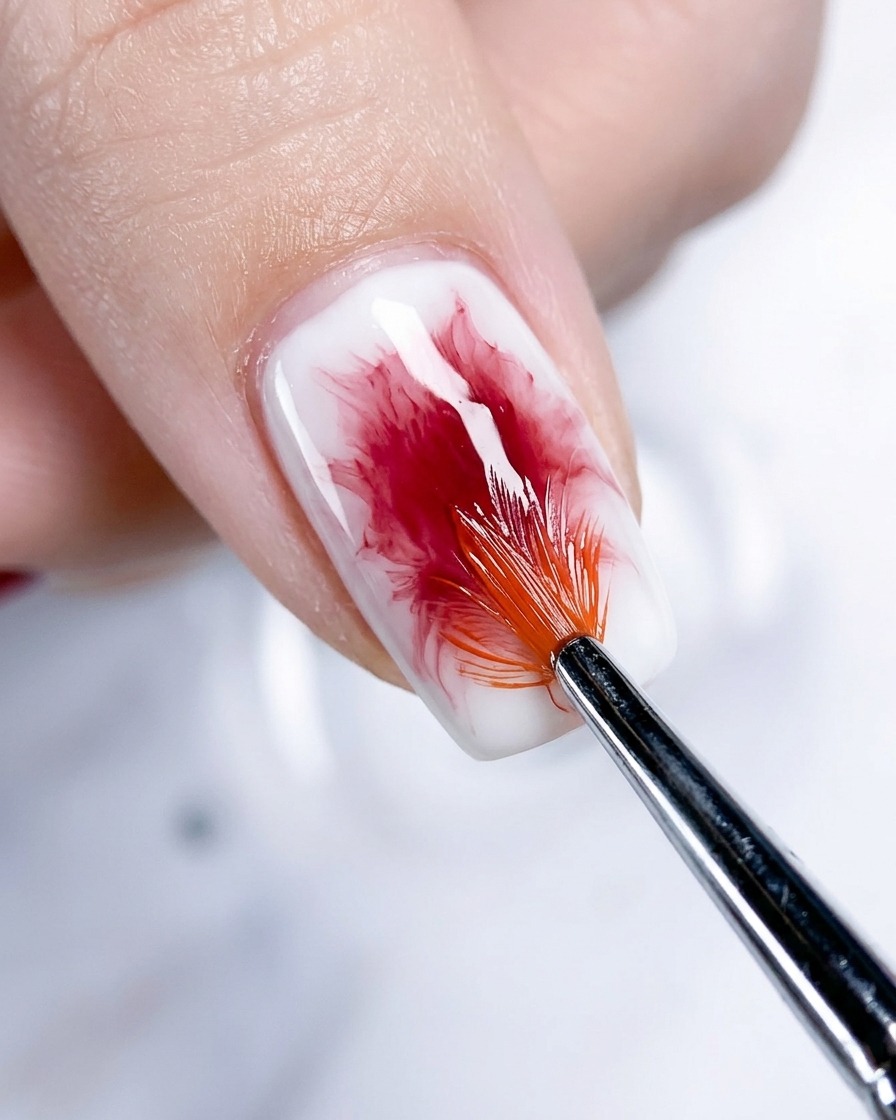 A close-up of a thumbnail showing the rose gold blush effect being blended and deepened with a fan brush.