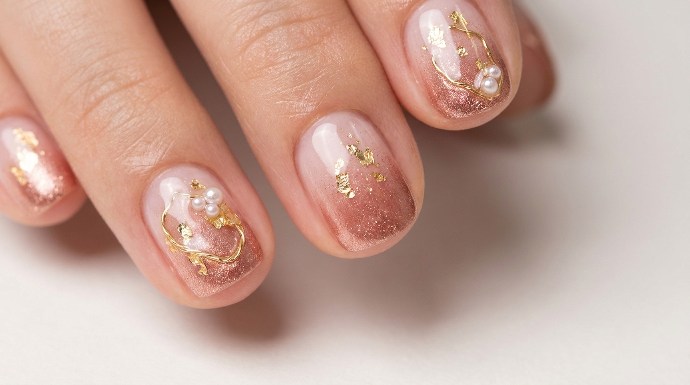 Vintage Rose Gold Gradient Nails with Gold Foil & Pearls
