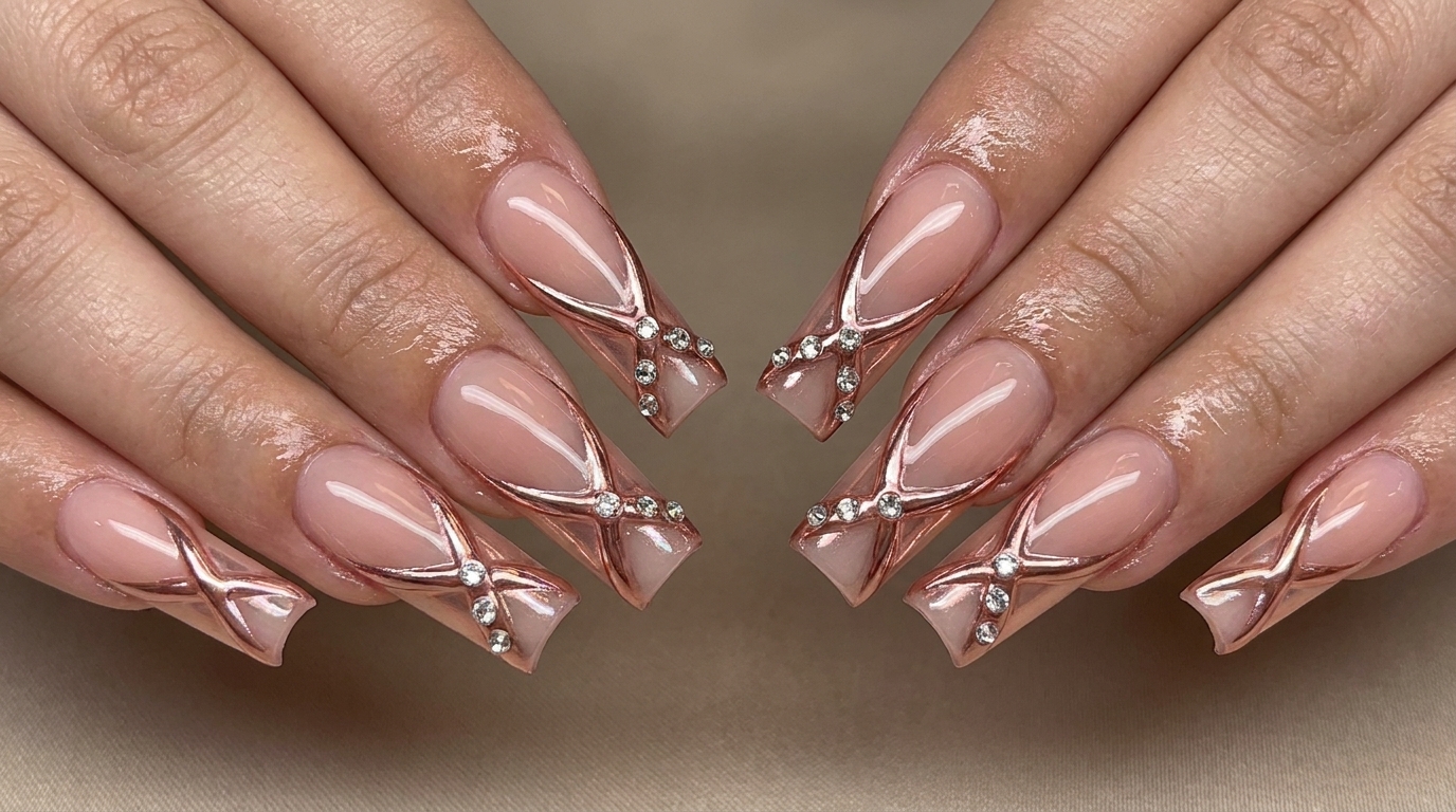 Rose Gold Chrome & Rhinestone 3D Line Nails — Step-by-Step Tutorial