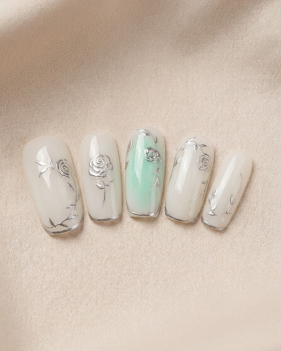 A brush applying a clear, glossy top coat over the finished metallic floral nail design.