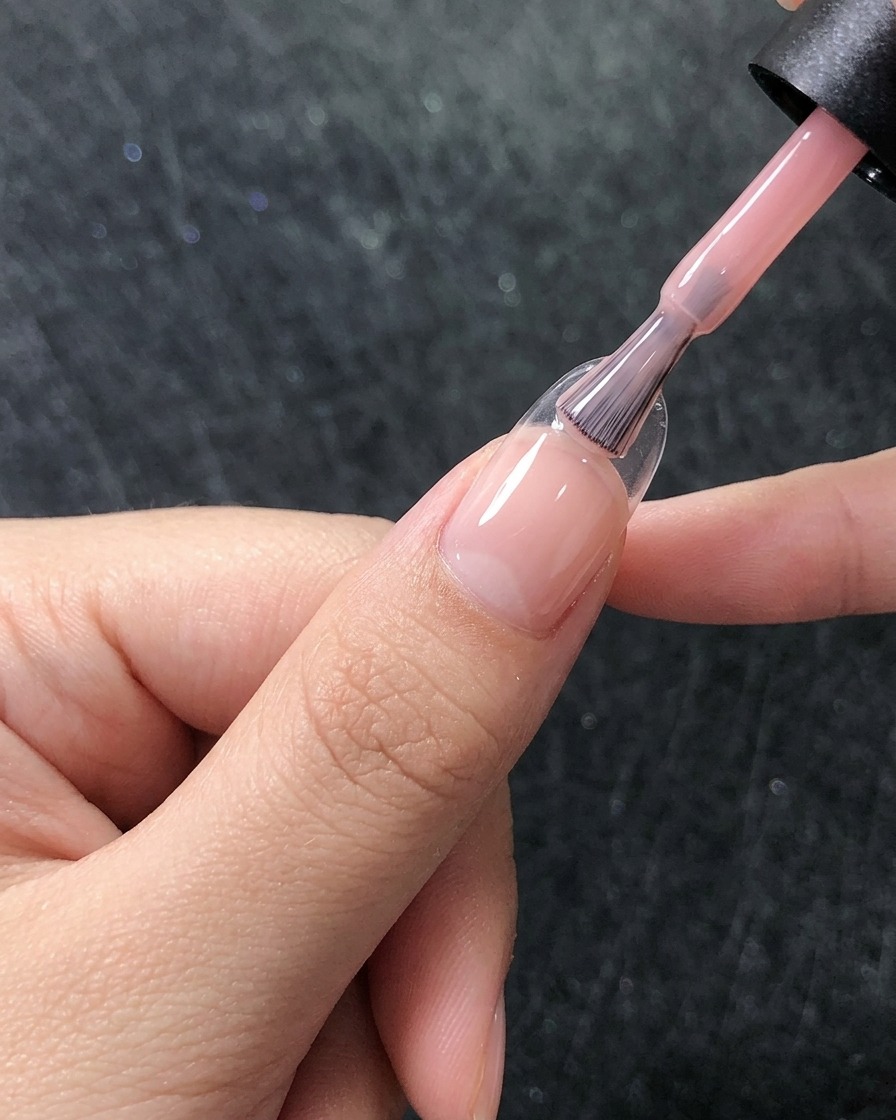 A brush applying a second layer of translucent pink gel, showing smooth coverage over the nail.