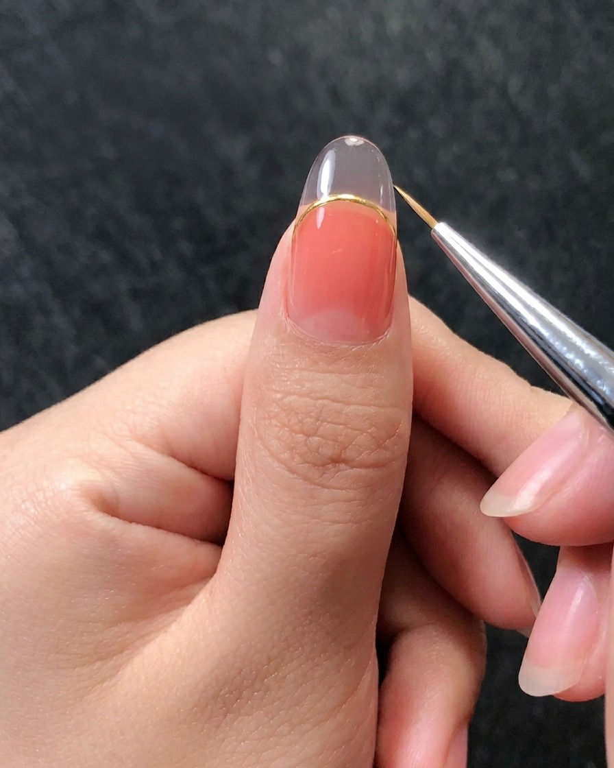 A close-up of a liner brush creating vertical, raised lines on the nail to mimic a shell pattern.