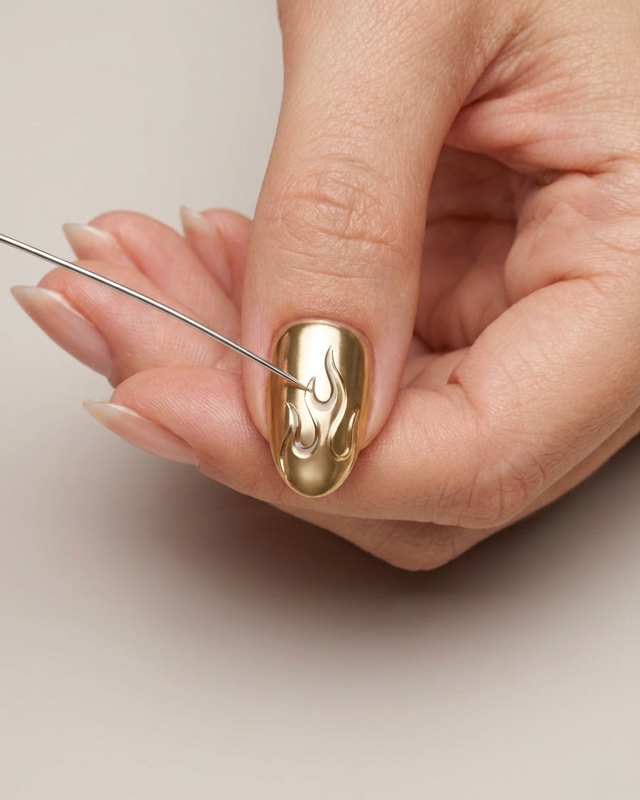 Hard gel being filled into the flame outline with a brush.