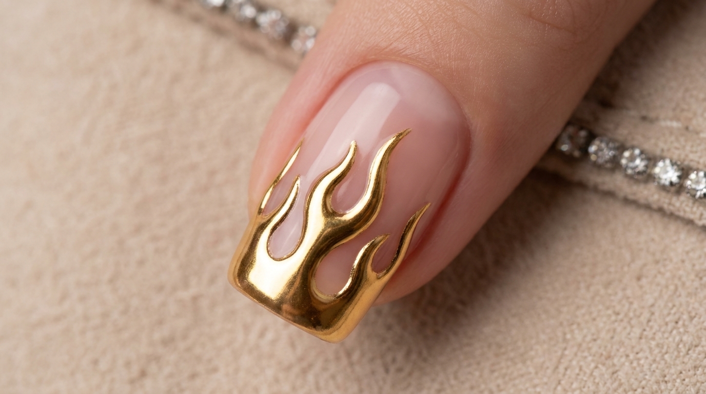 Close-up of a square-shaped nail featuring a sheer pink base with a raised, metallic gold chrome flame design.