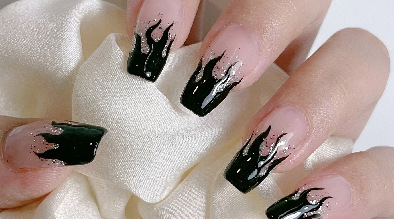Black Flame Nail Art with Silver Glitter Gradient — Step-by-Step Tutorial