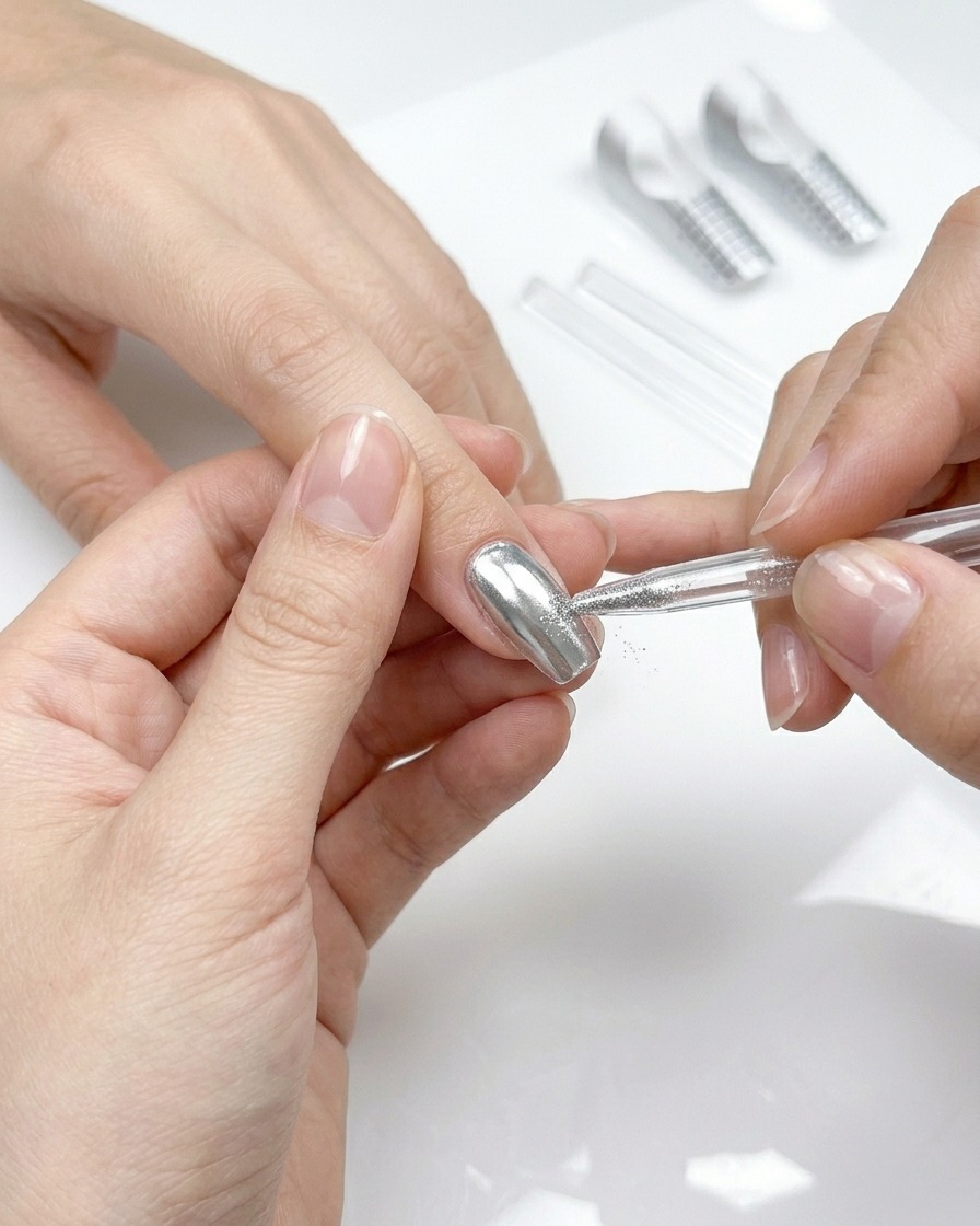 A gel brush applying a smooth layer of clear top coat over a silver chrome nail.