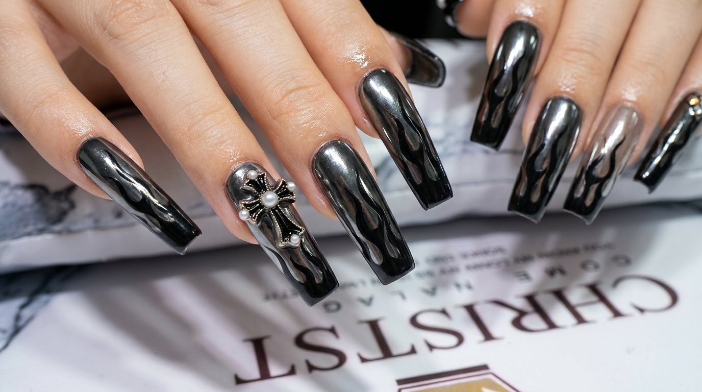 Black Chrome Flame Nails — Edgy Grunge Manicure Tutorial