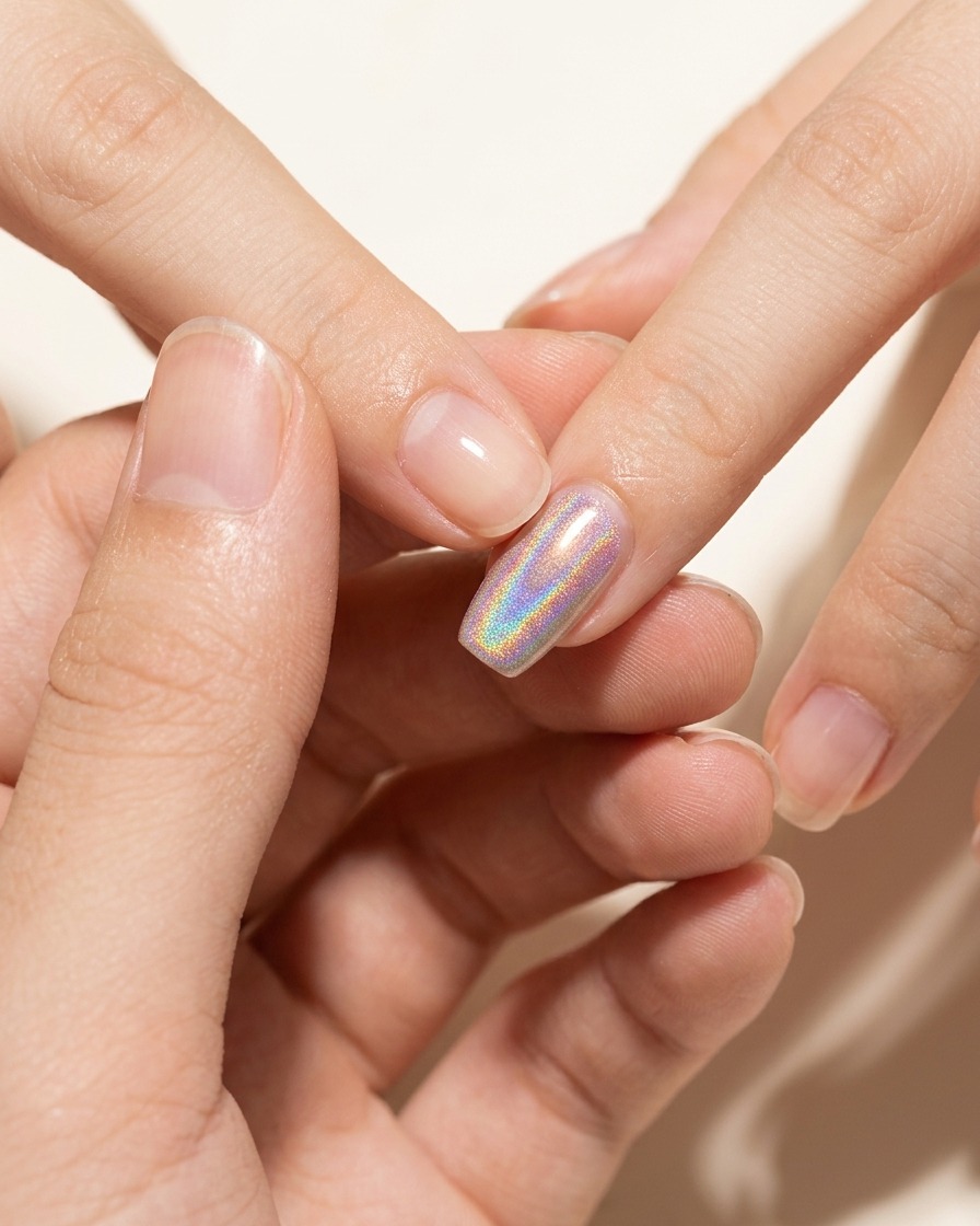 A soft brush sweeping across the nail surface to remove loose iridescent particles.