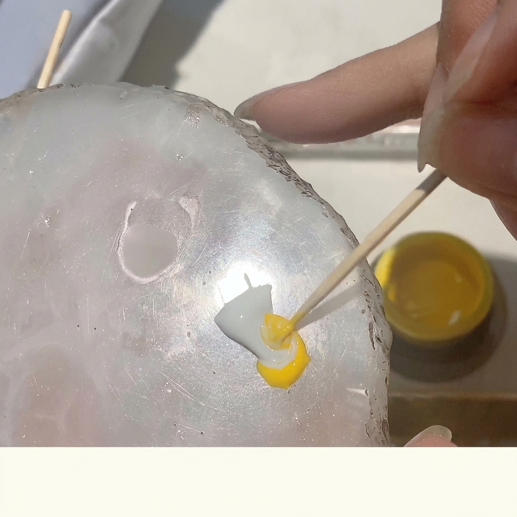 A wooden stick blending white and yellow gel polish on a glass palette.