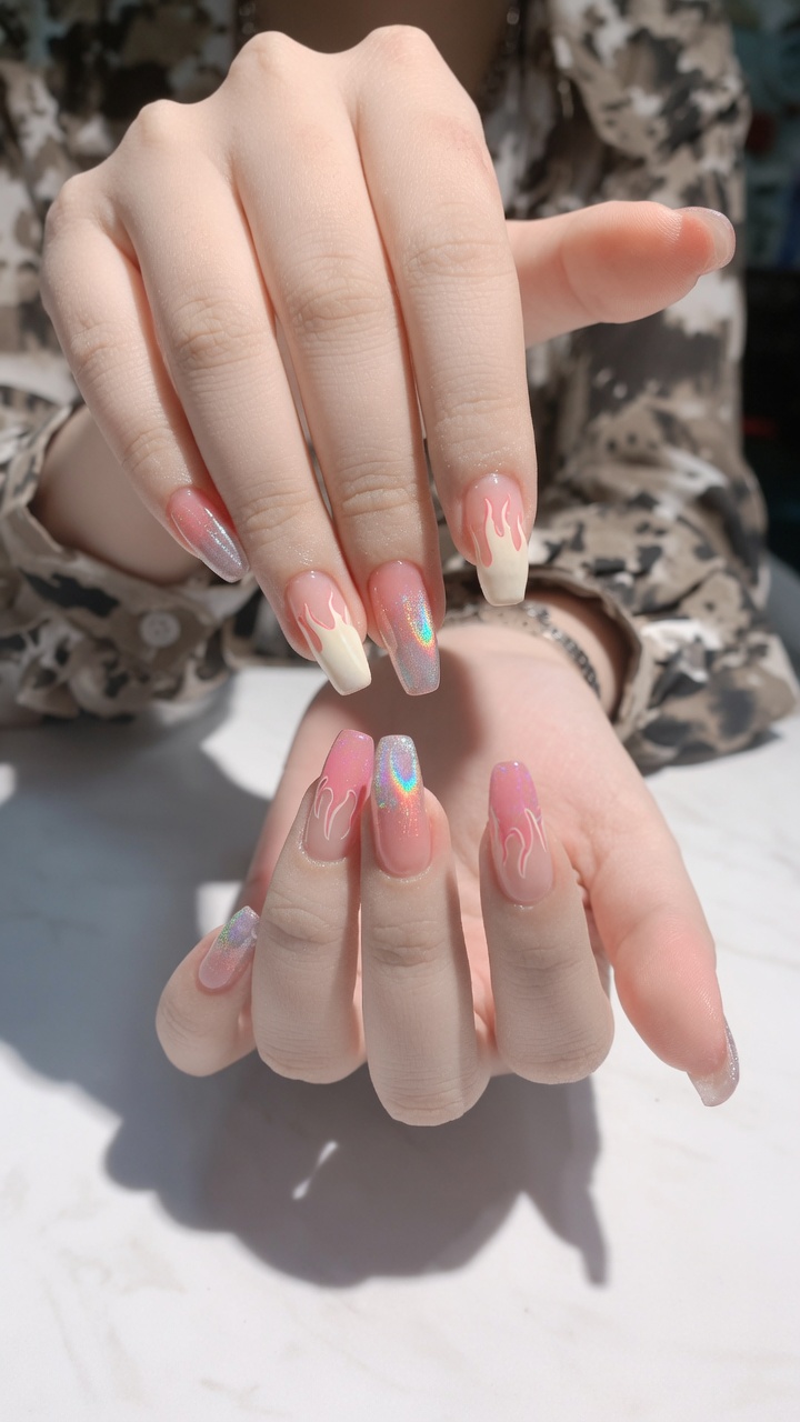 Stunning long coffin nails featuring a nude-pink base, iridescent aurora accents, and hand-painted peach flames with delicate pink outlines.