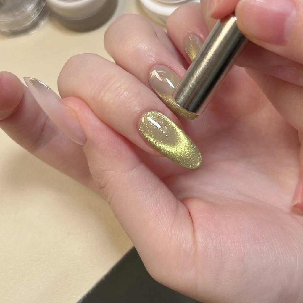 A cylindrical magnet held near the left side of a painted nail to move the magnetic pigment.