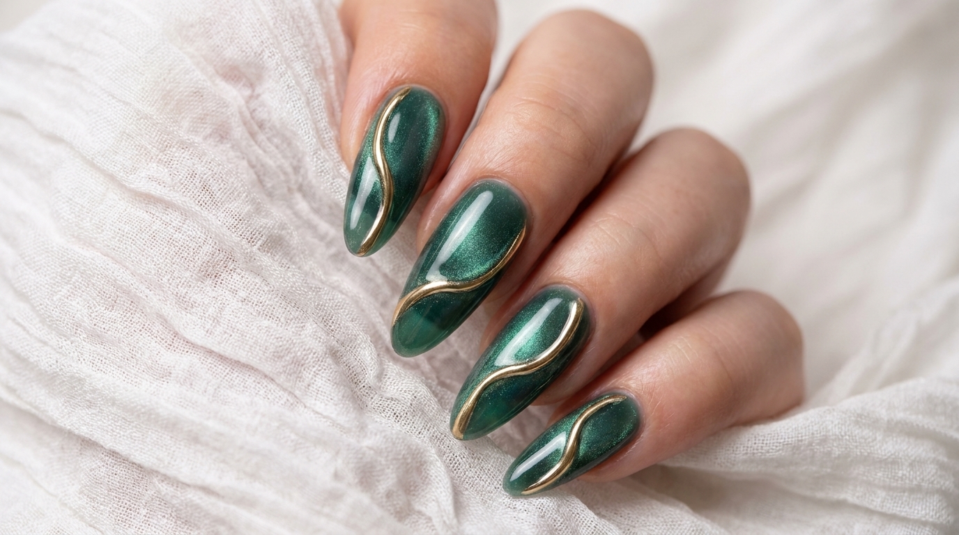 Lake Green Cat Eye Nails with 3D Gold Chrome Accents — Step-by-Step Tutorial