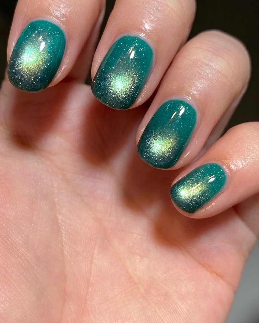 A hand holding up a bottle of lake-green cat-eye gel polish against a plain background.
