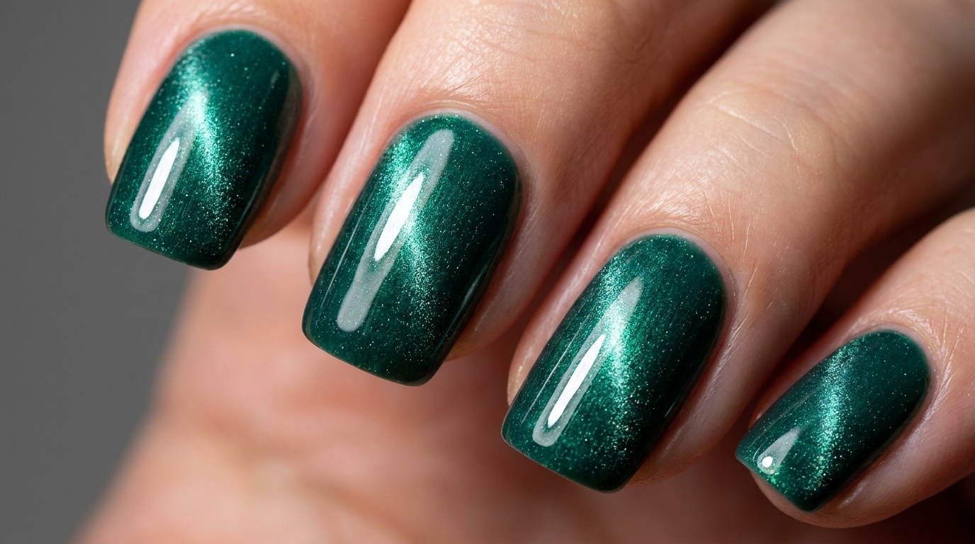 Close-up of deep lake-green cat-eye gel nails with a glossy, gemstone-like finish and shimmering diagonal light band.