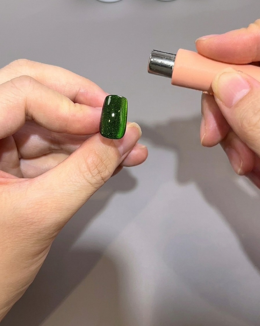 A cylindrical magnet held parallel to the left edge of a fingernail to manipulate magnetic gel particles.