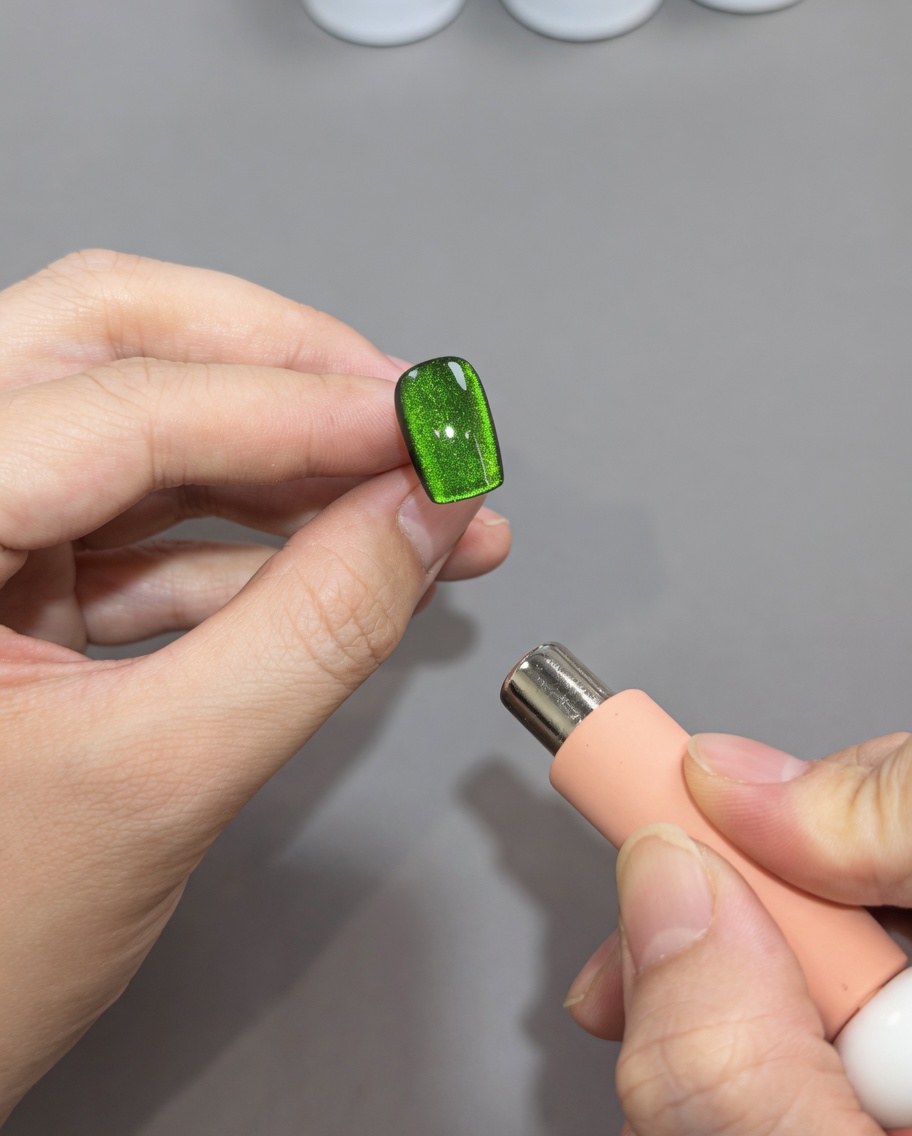 A magnet being passed over the tip of a nail to refine the center-positioned magnetic light band.