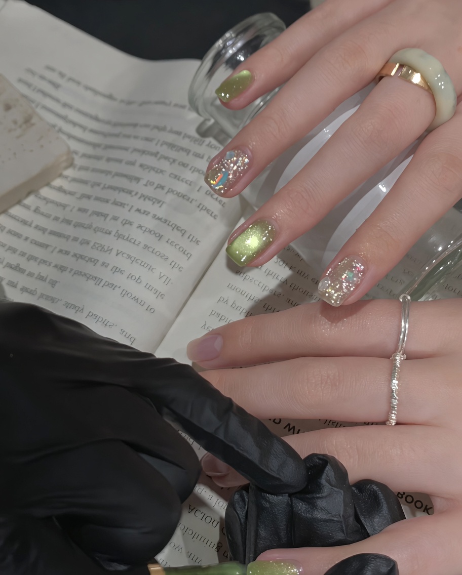 A brush applying a second coat of shimmering green cat-eye gel polish to a previously cured nail.