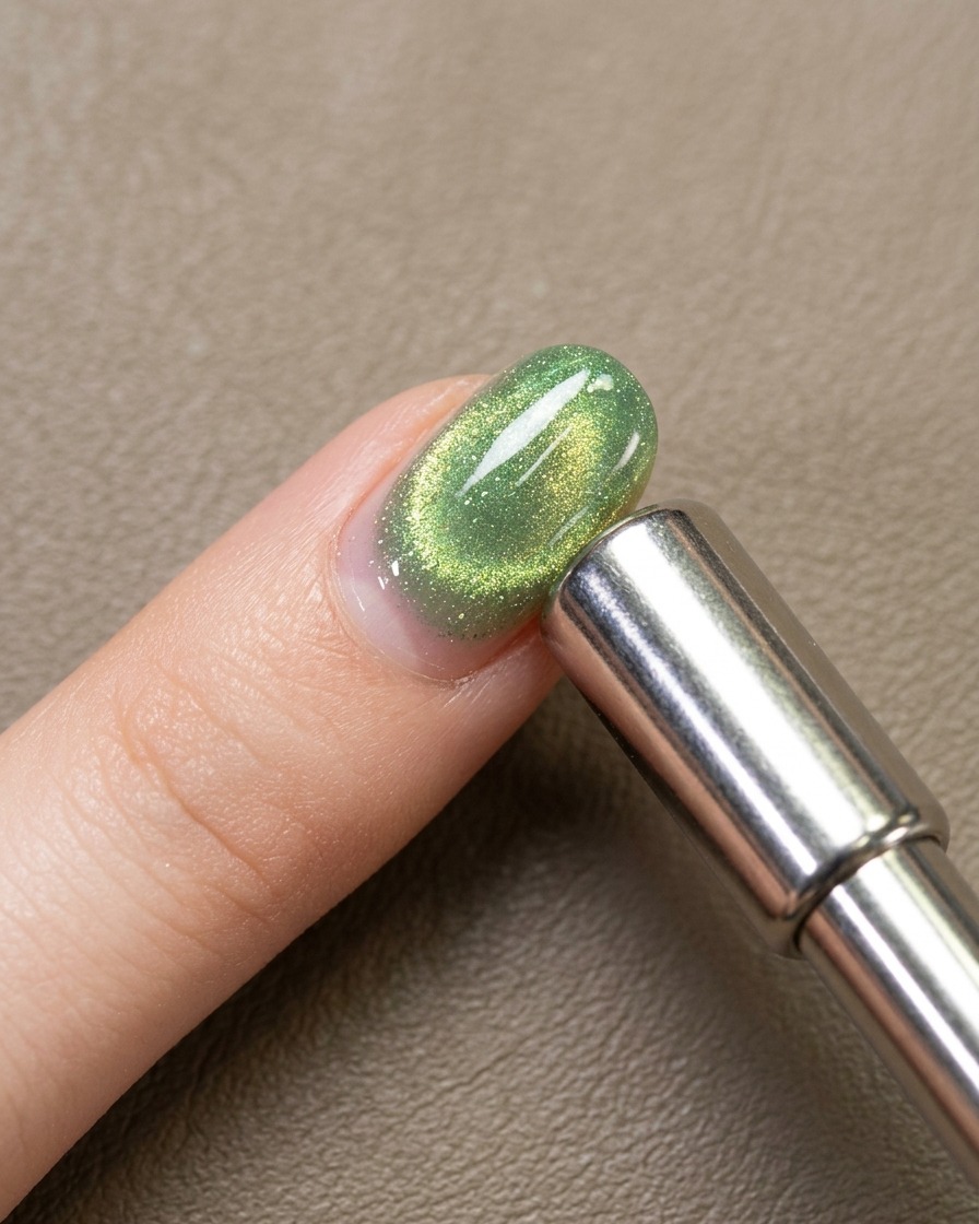 A detailed shot of the nail surface showing the magnetic pigment beginning to form a focused cat-eye glow.