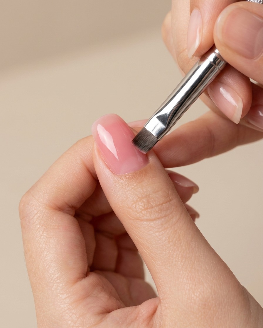 A gel brush applying a layer of sheer nude pink polish over a nail with a cured blush center.