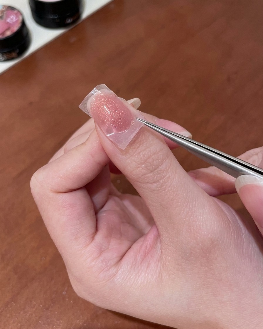A person using fine metal tweezers to carefully lift a translucent stencil sticker off a nude pink nail, uncovering a delicate gold butterfly shape.