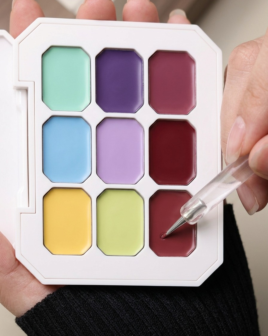 A small dotting tool picking up colored gel from a palette to apply a blush effect to the center of a nail.