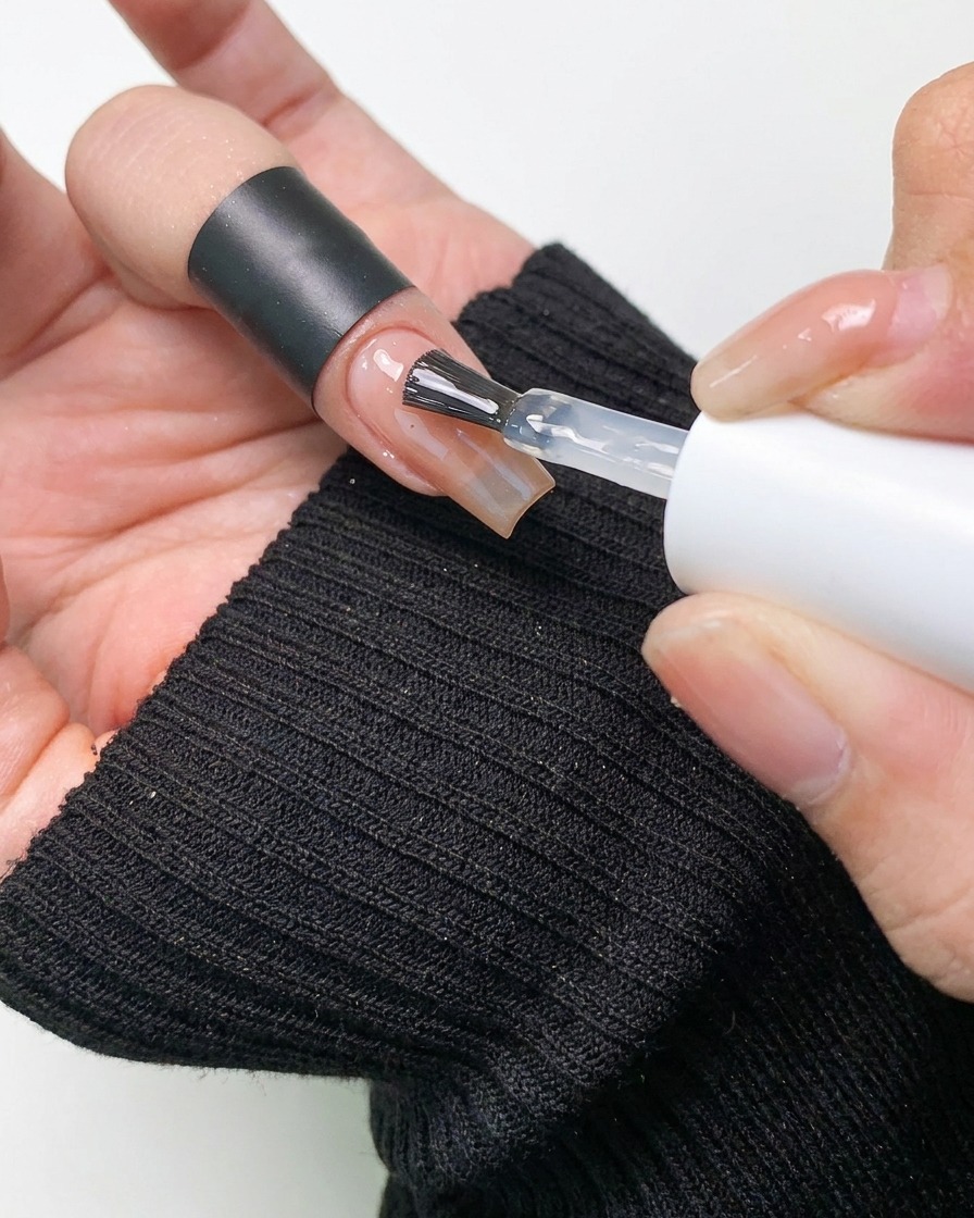 A brush applying a clear, glossy top coat over a nail surface that has a subtle aurora powder finish.