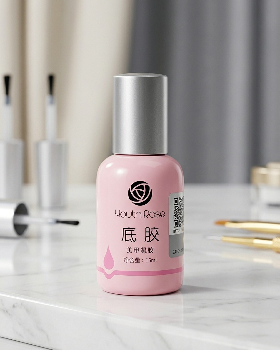 A close-up of a nail brush applying a small amount of red blush gel to the center of a pre-painted nail.