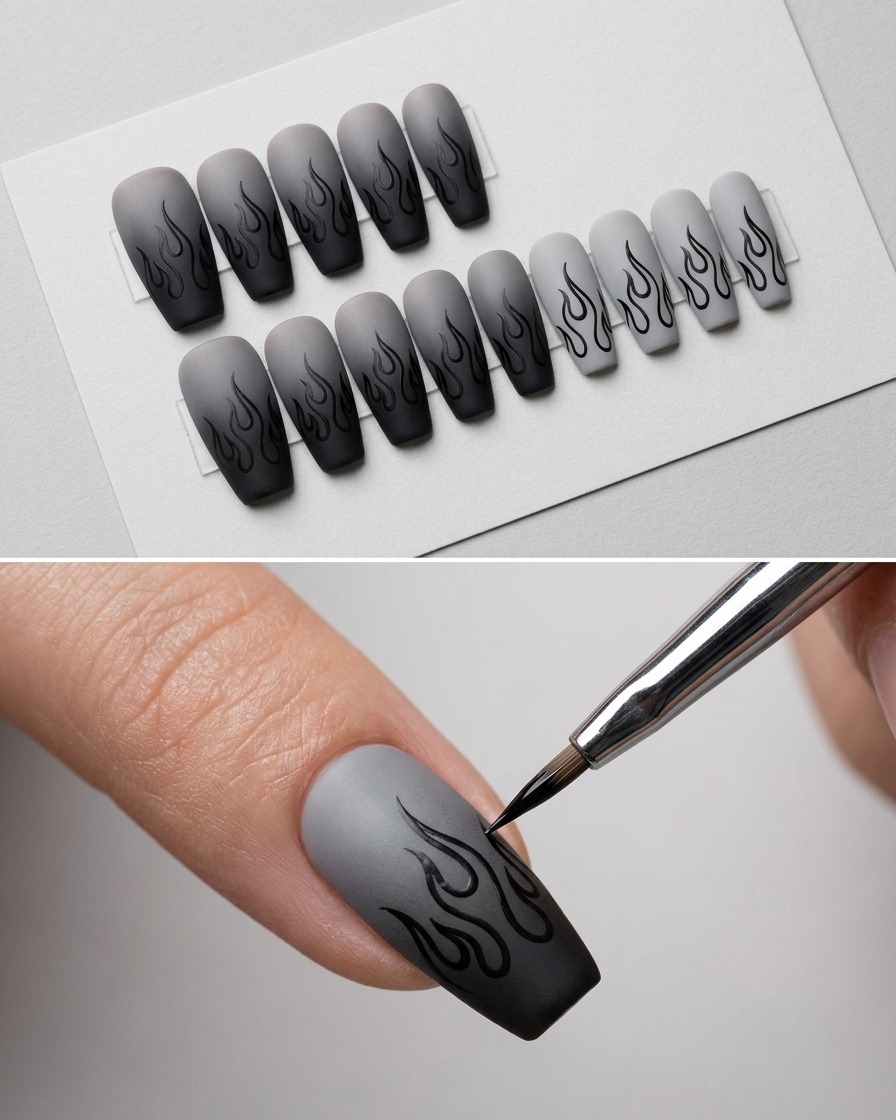 A close-up shot of a fine liner brush carefully drawing the outline of a flame pattern onto a matte grey nail.