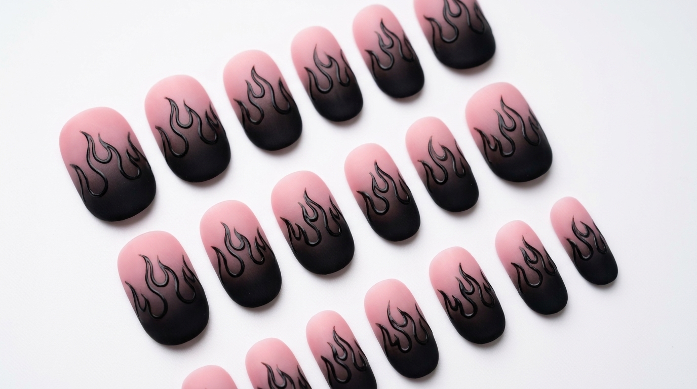 Matte Pink to Black Gradient with 3D Black Flame Nail Art