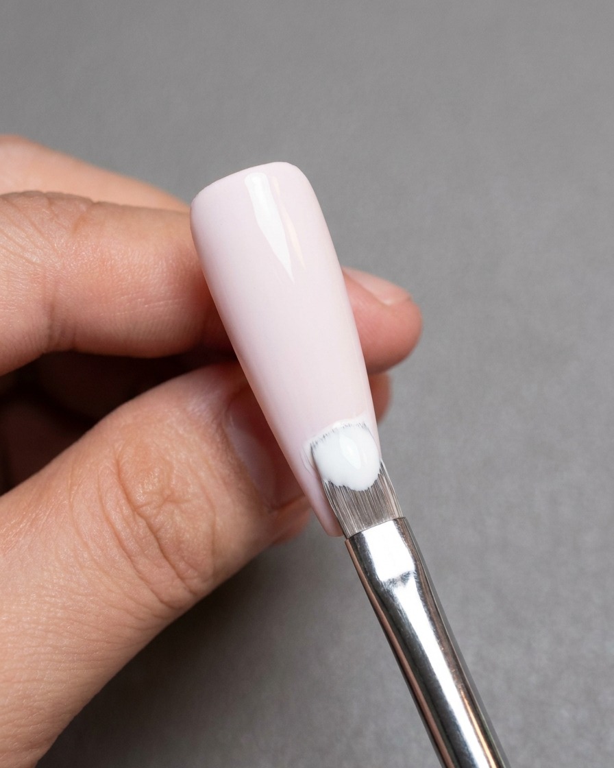 A brush applying a smooth coat of light pink gel polish to a nail.