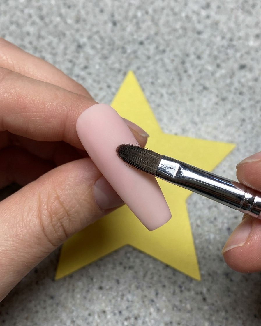 A close-up of a clear gel being applied over a pink nail base with a brush.