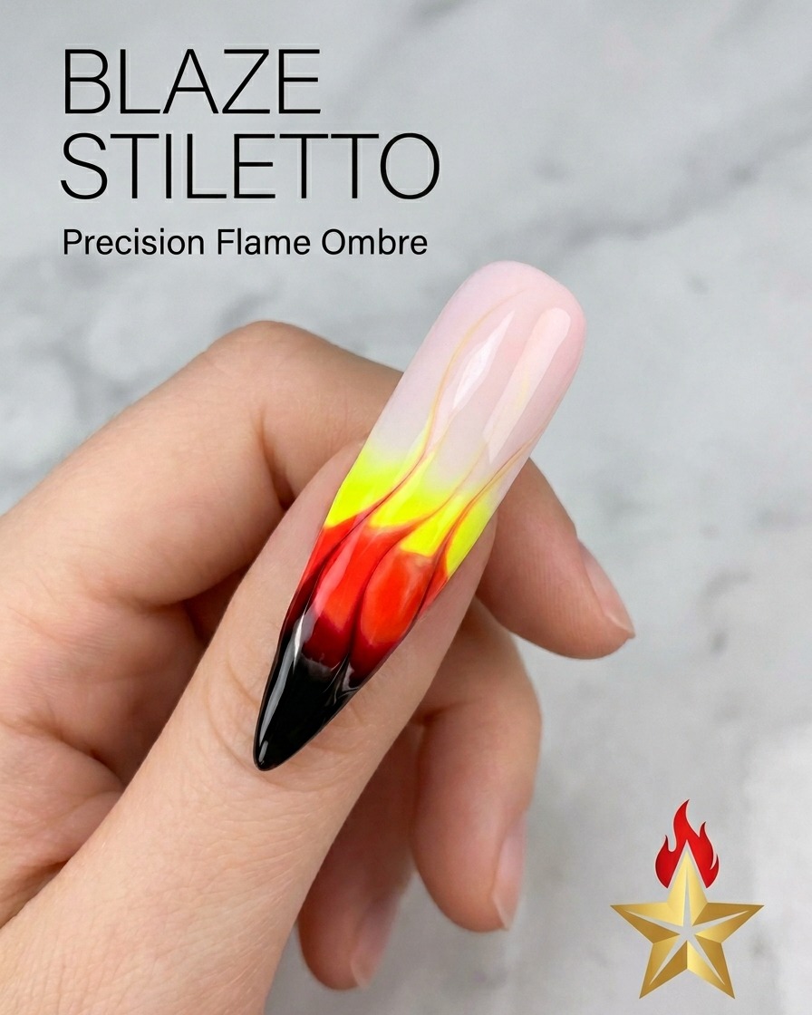A close-up of a stiletto-shaped nail with a finished flame design, showing detailed gradient blending from black at the tip to yellow.