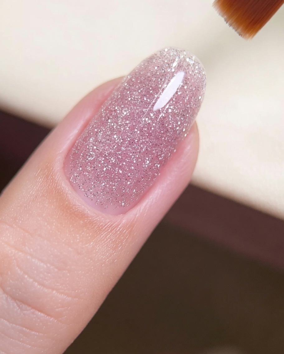 A brush applying a final, smooth layer of clear top coat over a glittery nail surface.