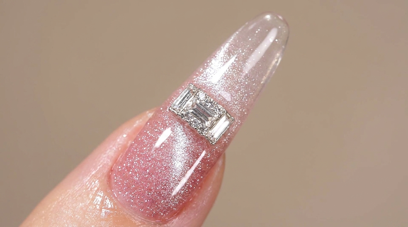 Pink Glitter Cat-Eye Ombre Nails with Rhinestone Charm