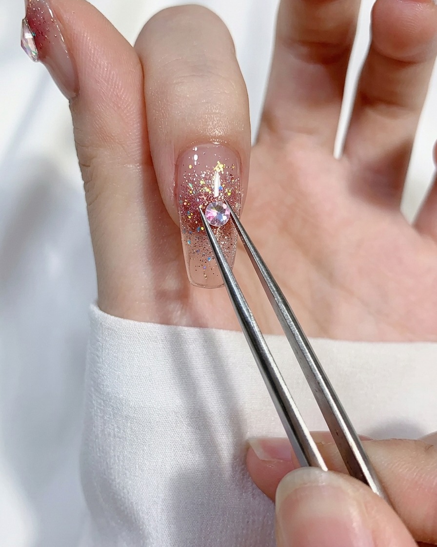 A pair of tweezers placing a small pink heart-shaped rhinestone onto a decorated glitter nail.