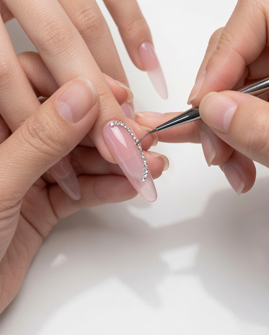 A close-up shot of a detail brush perfecting the curve of a glitter gel French tip.