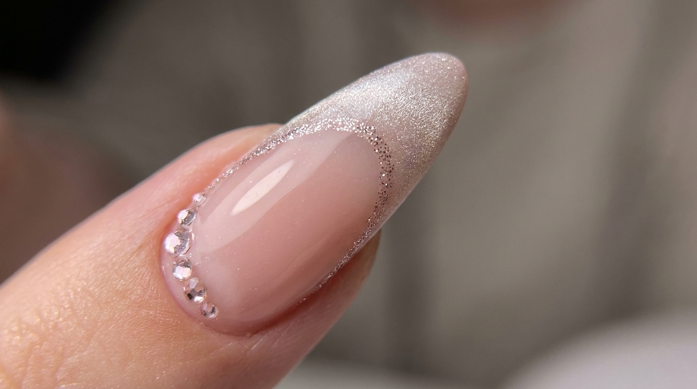 Sophisticated Cat-Eye French Manicure with Glitter Accents