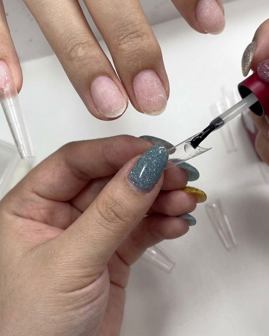 A nail brush applying clear gel adhesive to the inside well of a transparent nail tip.