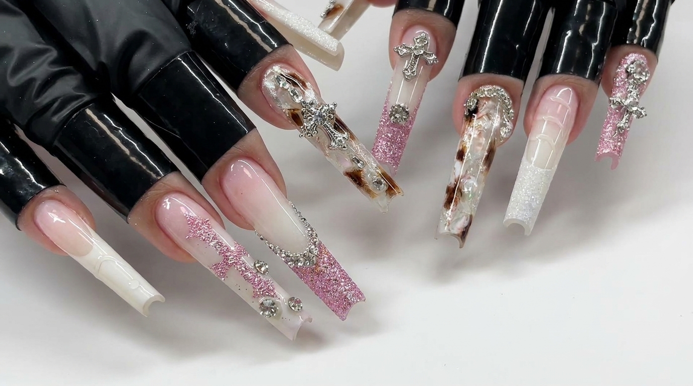 Pink Glitter and Acetate Leopard Print Gel Nails — Luxury Tutorial