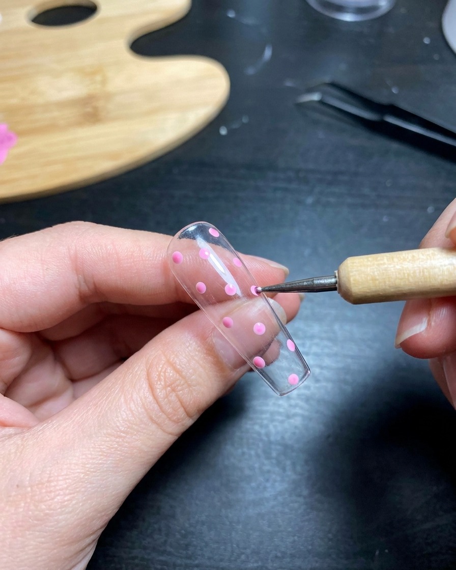 A close-up of a hand with polka-dot nail art positioned inside a UV nail lamp.